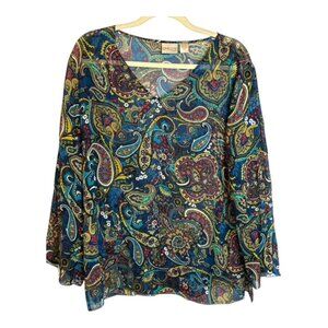 Chico's‎ Blouse Women's Size Large Paisley Floral Silk Blue Green Chicos 2